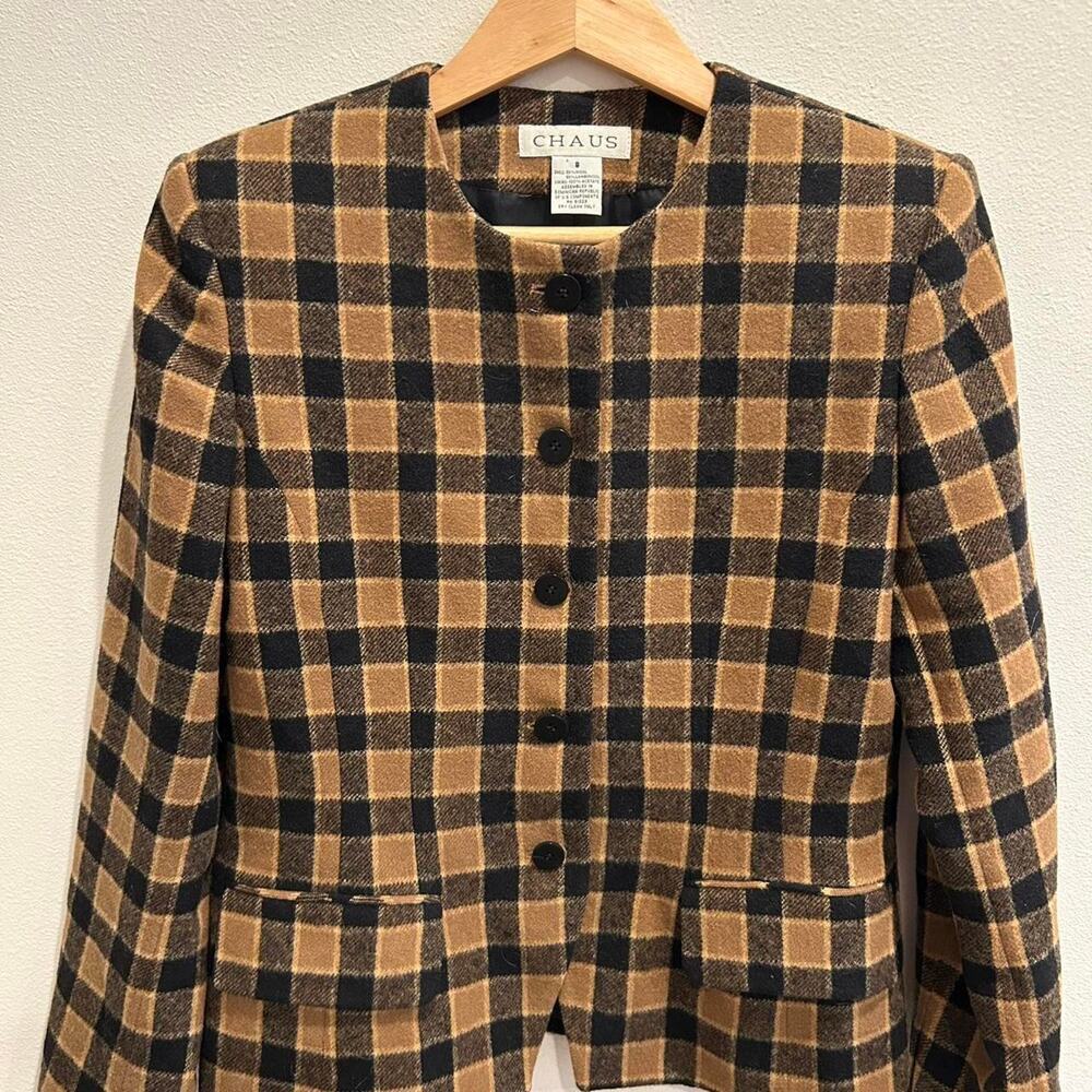 Vintage CHAUS 100% wool/ lamswool brown/black plaid blazer sz 8 - Picture 5 of 8